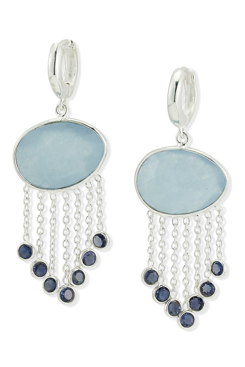 Sterling Silver Chalcedony & Iolite Fringe Drop Huggie Hoop Earrings, Main, color, BLUE