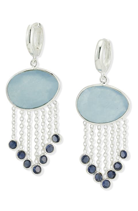 Sterling Silver Chalcedony & Iolite Fringe Drop Huggie Hoop Earrings