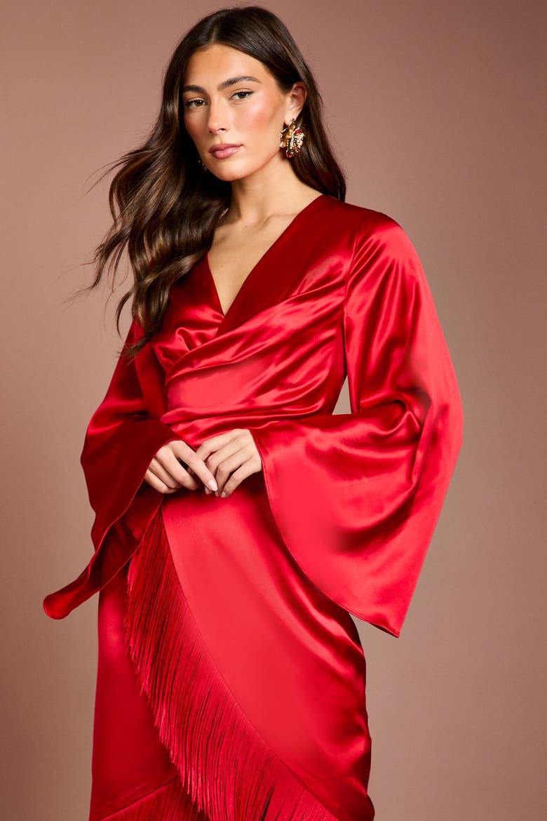 Satin Fringed V-Neck Wrap Dress, Alternate, color, Red