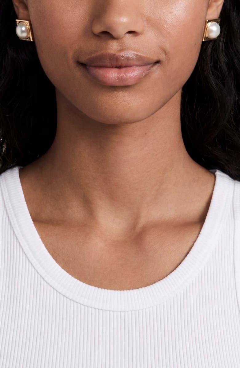 Ettika Square Faux Pearl Stud Earrings, Alternate, color, Gold