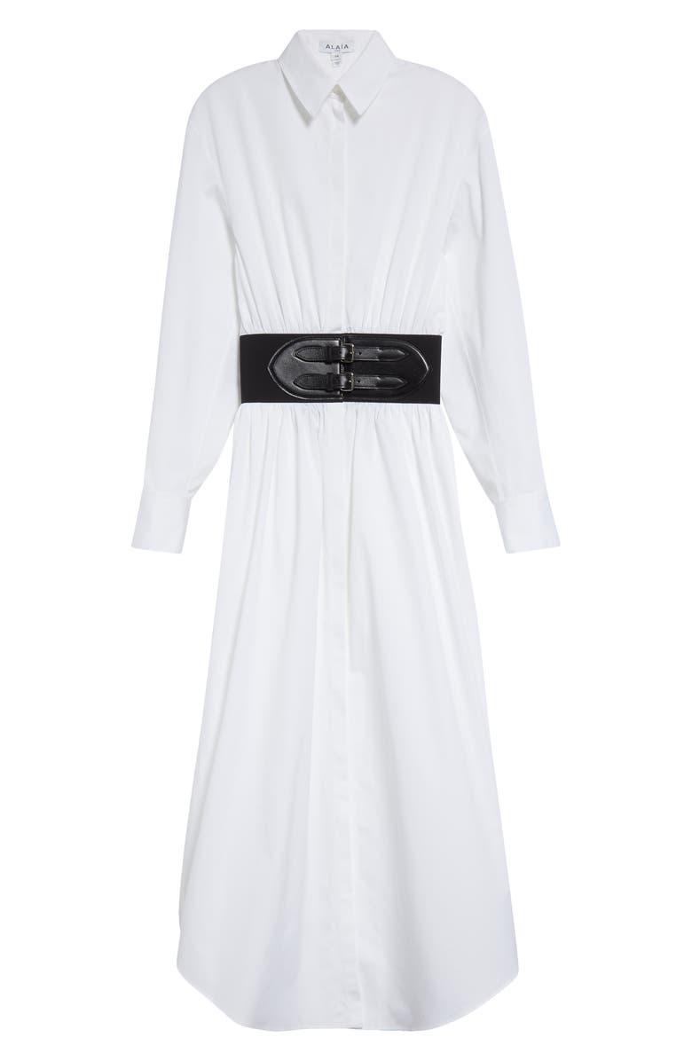 Alaïa Belted Long Sleeve Cotton Poplin Shirtdress, Alternate, color, Blanc