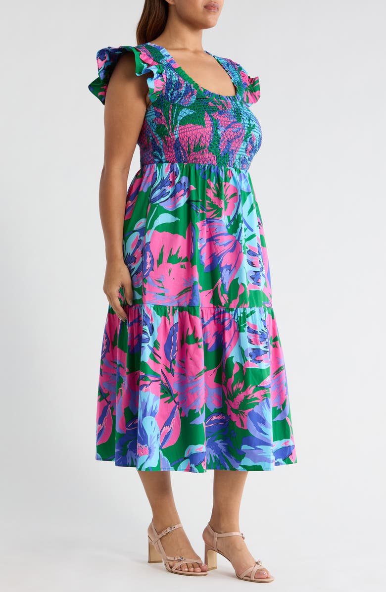 SUGARLIPS Raylee Floral Wendy Smocked Midi Sundress, Alternate, color, Kelly-Blue-Multi