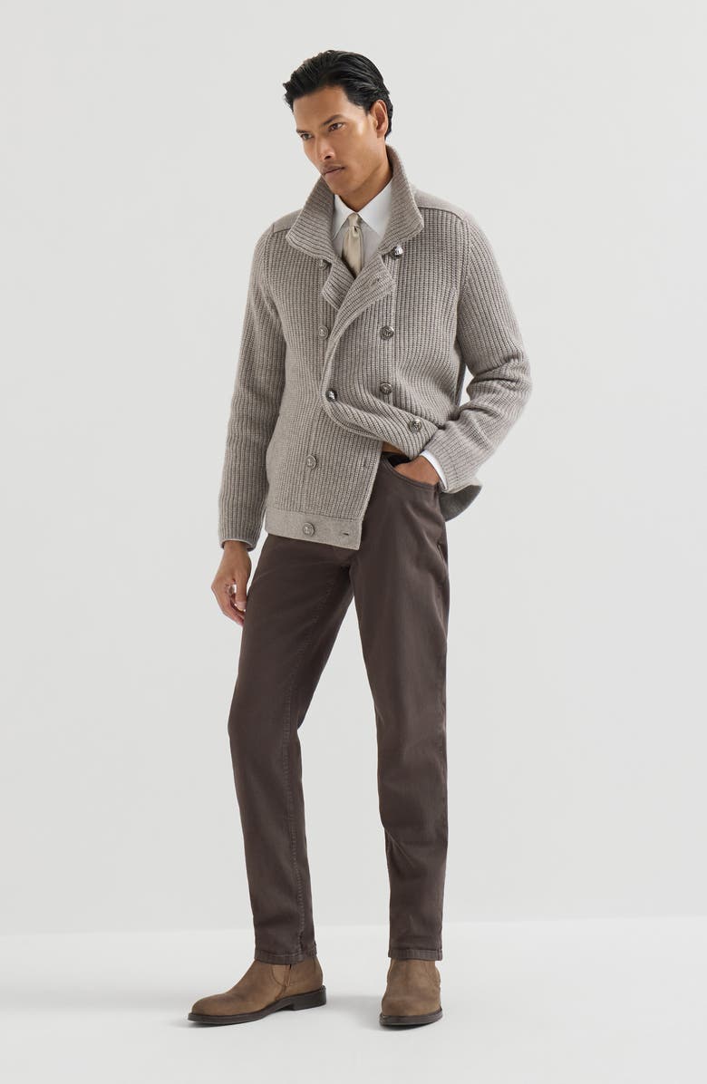 Brunello Cucinelli Garment-dyed comfort lightweight denim traditional fit five-pocket trousers, Alternate, color, Brown