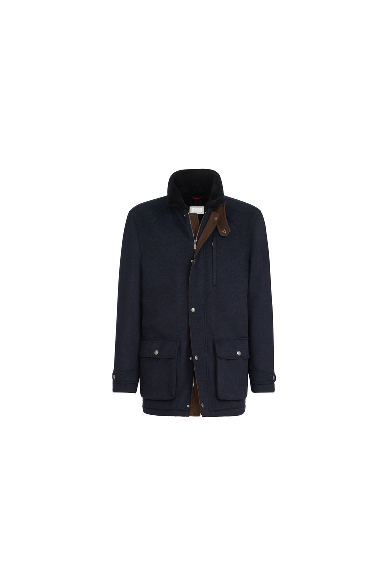 Bonded cashmere beaver cloth field jacket with shearling lining and nappa leather inserts, Alternate, color, Navy Blue