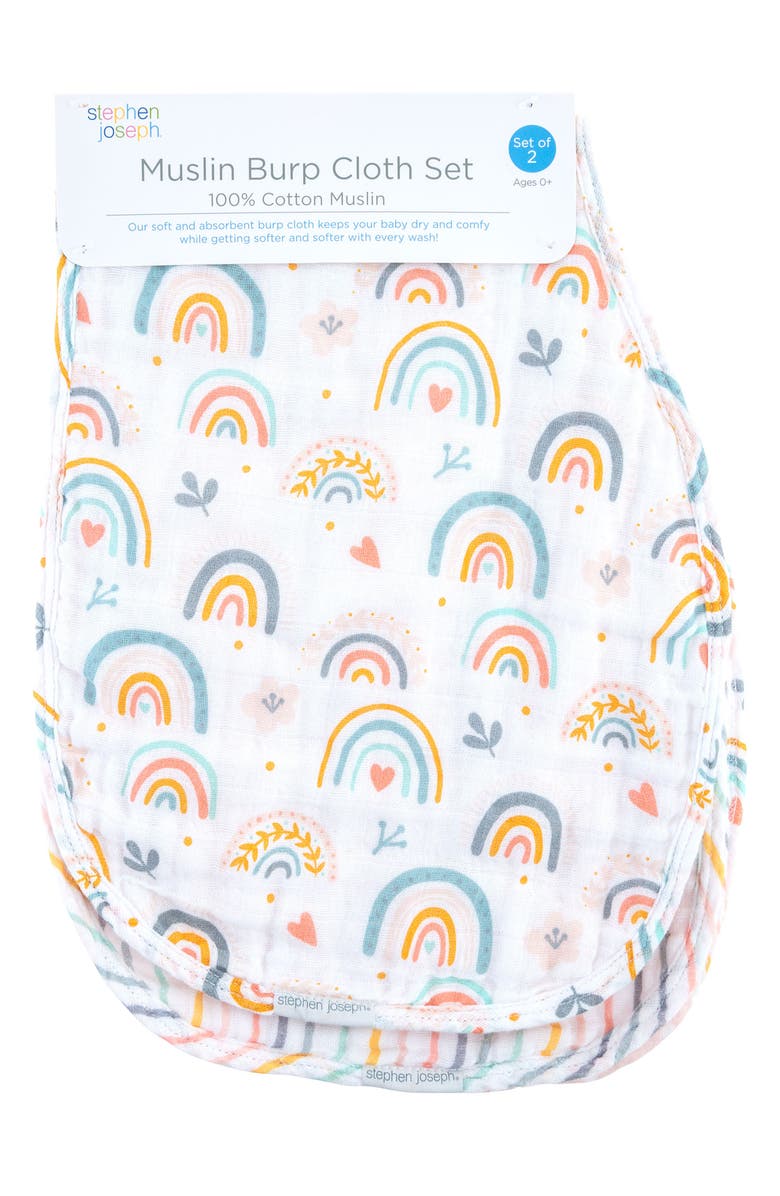 Stephen Joseph 2-Pack Reversible Cotton Muslin Burp Cloths, Alternate, color, Rainbow