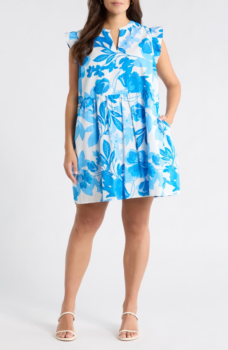 SUGARLIPS Darien Floral Kass Ruffle Minidress, Main, color, Wht-Blues-Combo
