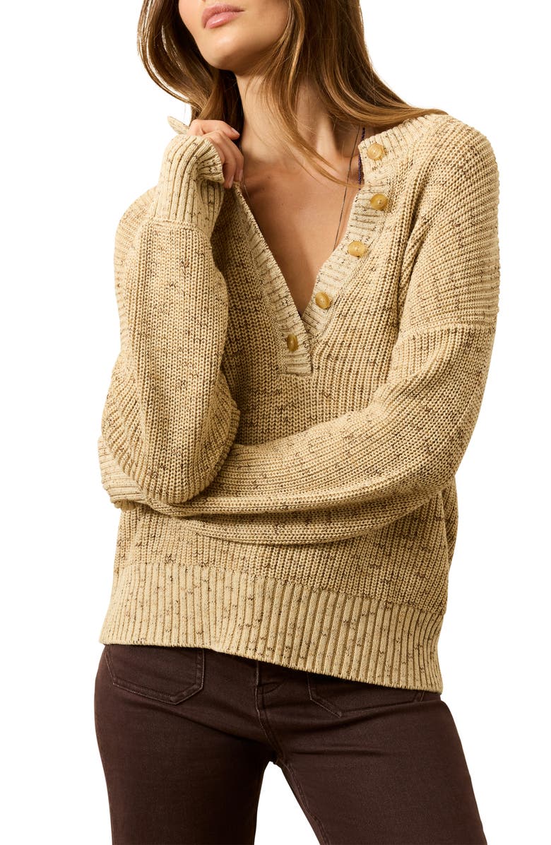 Faherty Sunwashed Organic Cotton Blend Fisherman Henley Sweater, Alternate, color, Oat