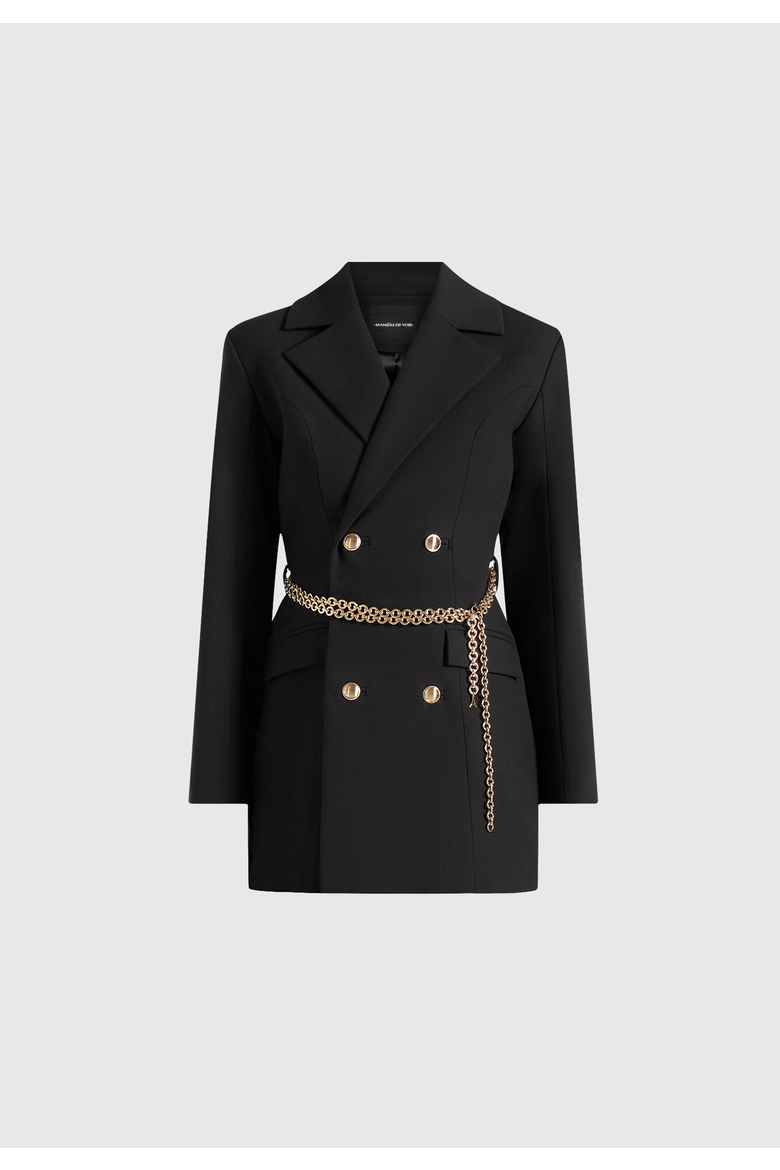 Zara Double Breasted Blazer Dress With Chain, Alternate, color, Black