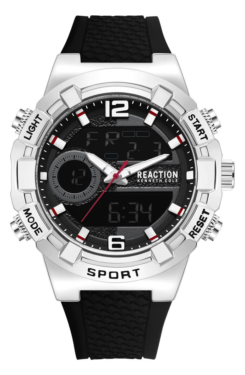 Kenneth Cole Reaction Analog & Digital Display Silicone Strap Watch, 46mm, Main, color, Black