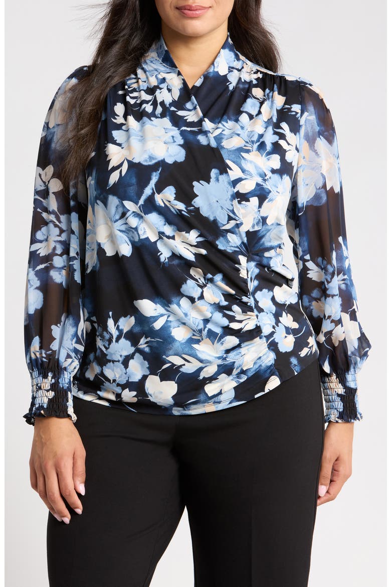Floral Mixed Media Faux Wrap Blouse, Main, color, DUTCH BLUE MULTI