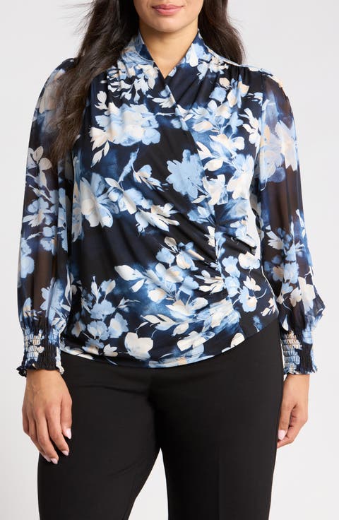Floral Mixed Media Faux Wrap Blouse