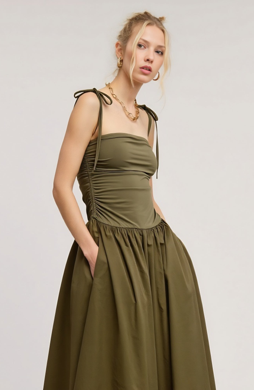 Modenaire Ruched Bodice Midi Dress With Tie Straps And Gathered Skirt In Green