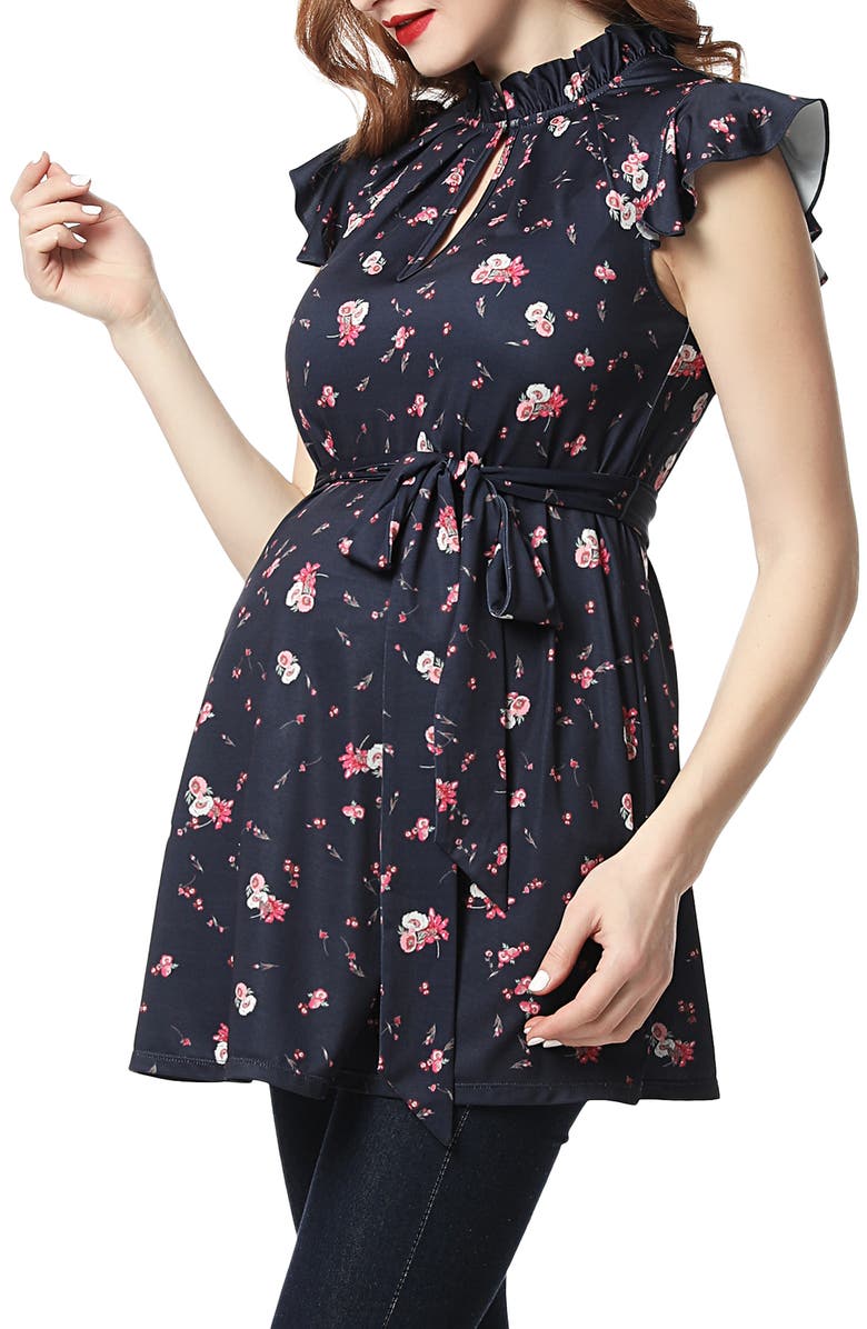 Kimi and Kai Camellia Floral Flutter Sleeve Belted Maternity Top, Alternate, color,
