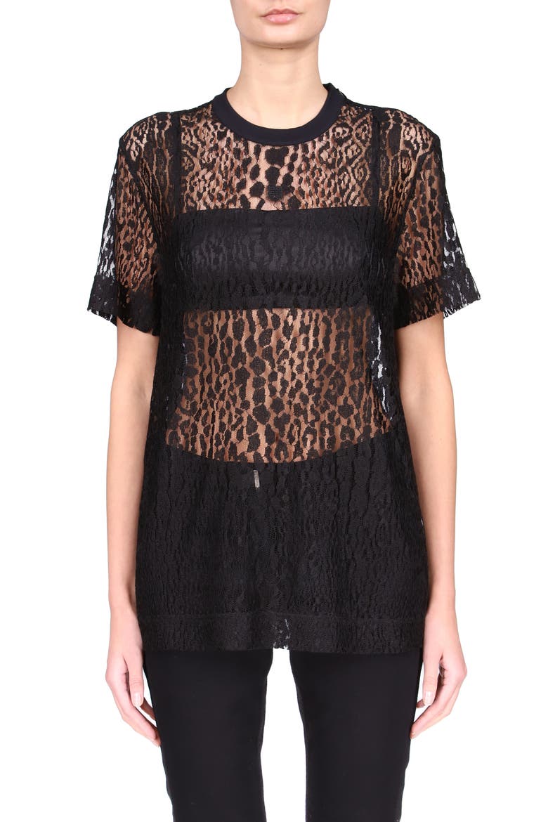 Sheer Lace T-Shirt, Main, color, BLACK