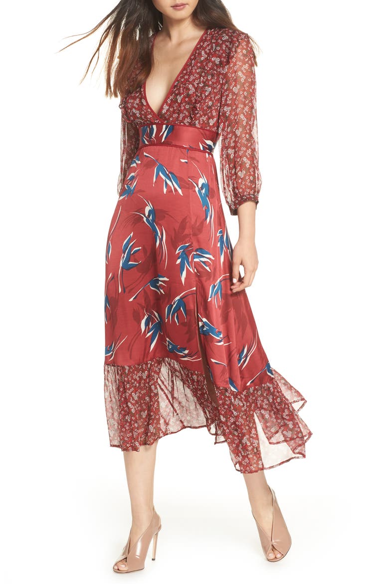 Mixed Print Midi Dress, Main, color, RED MULTI