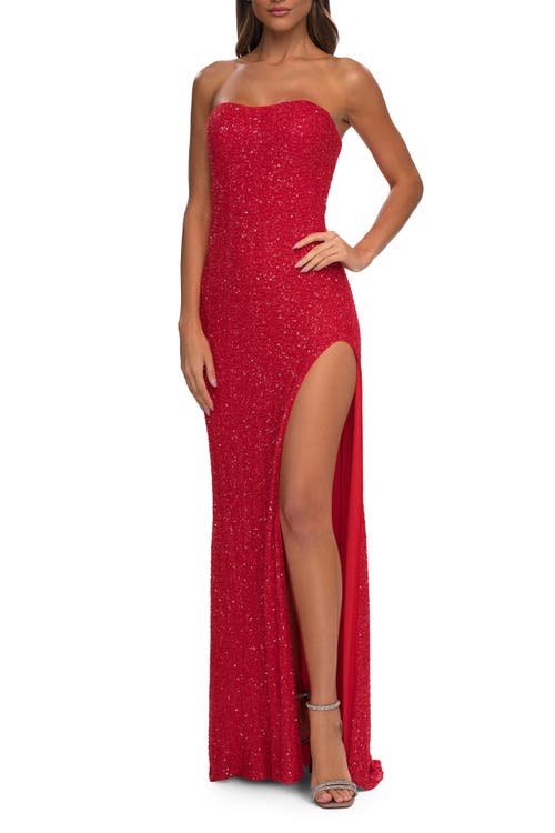 La Femme Beaded Lace Strapless Dress With Modified Sweetheart Neckline