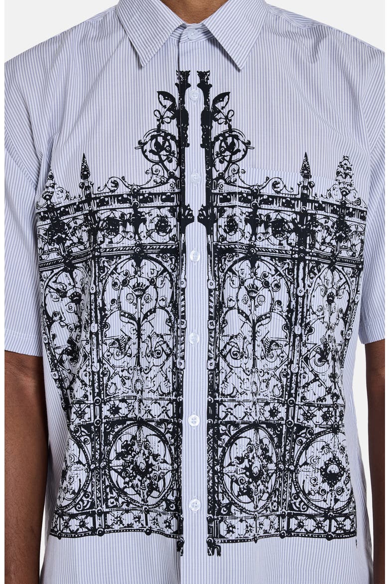 Overprinted Pinstripe Short Sleeve Graphic Button-Up Shirt, Alternate, color, GREY