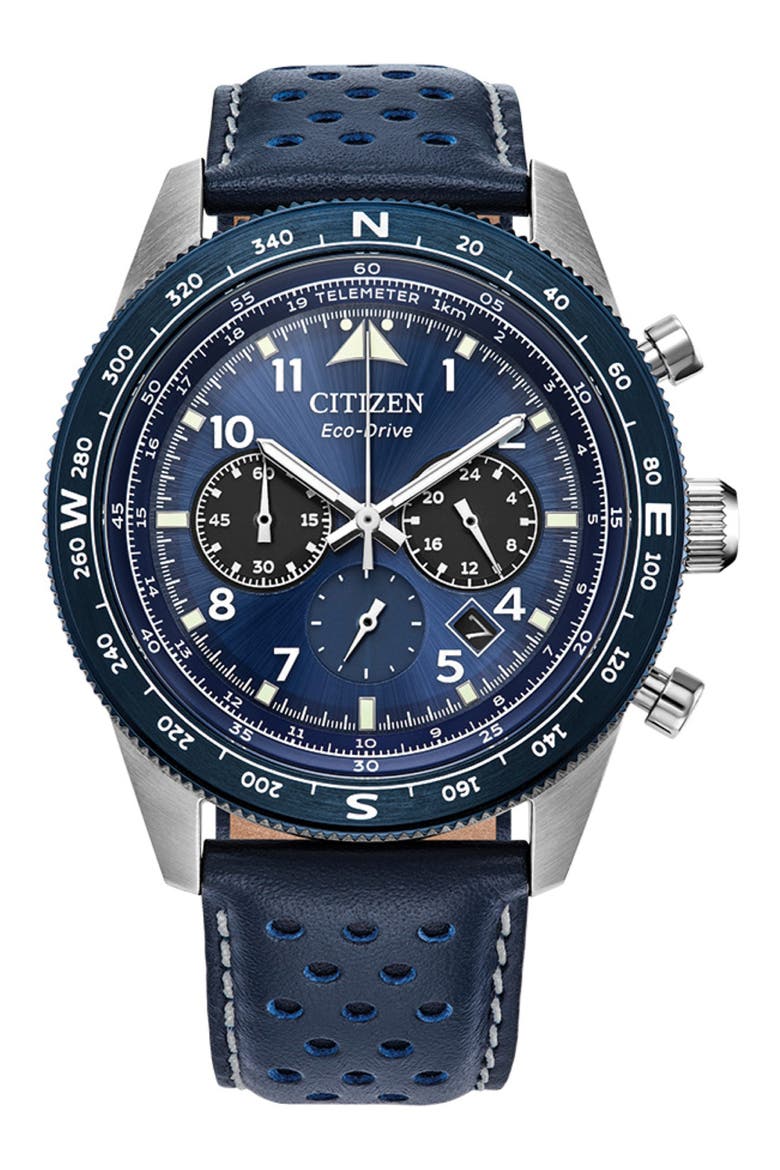 Eco-Drive Leather Strap Chronograph Watch, 43mm, Main, color, BLUE
