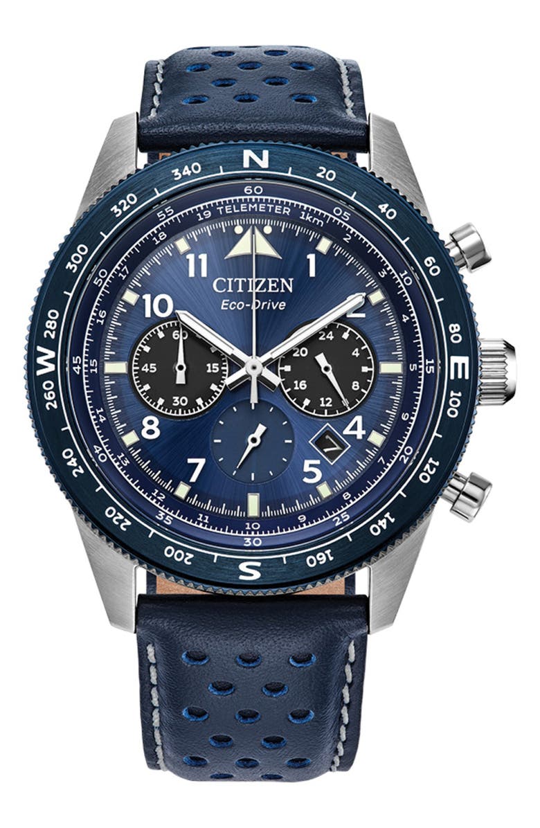 Citizen Eco-Drive Leather Strap Chronograph Watch, 43mm, Main, color, Blue