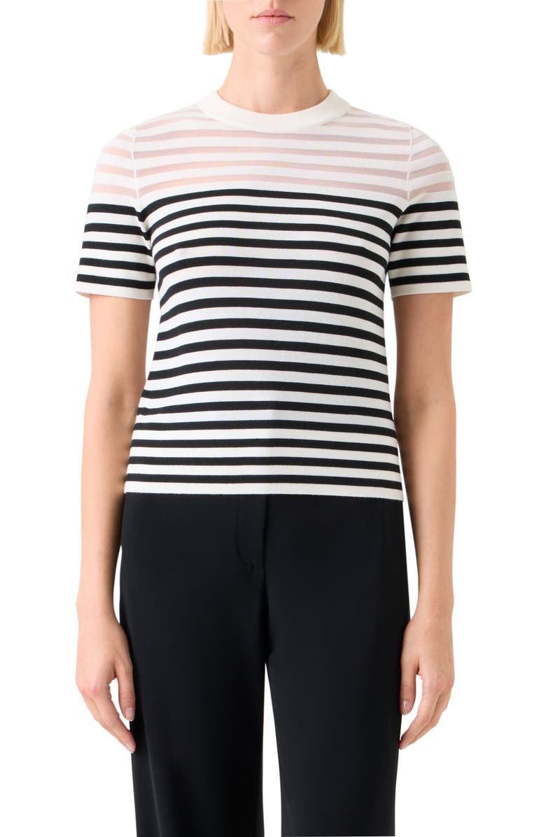 Akris punto Stripe Short Sleeve Virgin Merino Wool Blend Sweater, Main, color, Cream-Black