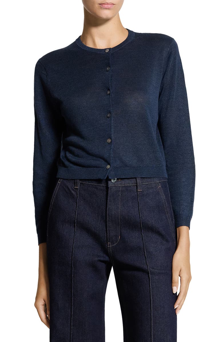Theory Linen Blend Crop Cardigan, Main, color, Nocturne Navy