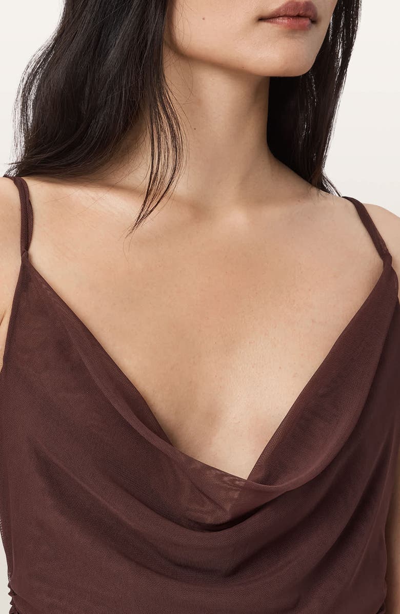 AllSaints Bea Asymmetric Hem Mesh Midi Dress, Alternate, color, Bitter Brown