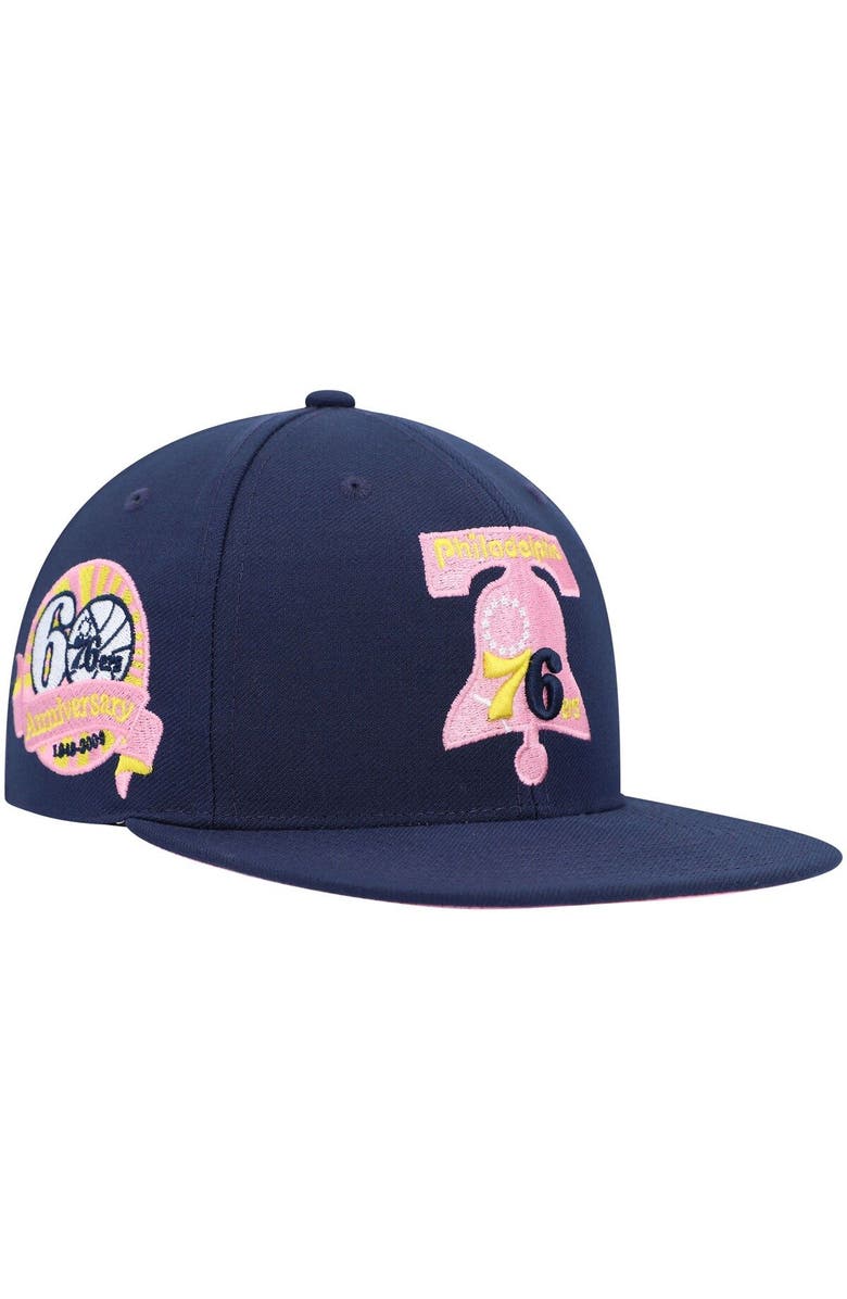 Mitchell & Ness Men's Mitchell & Ness Navy Philadelphia 76ers 60th Anniversary Burnt Sunrise Fitted Hat, Main, color, 