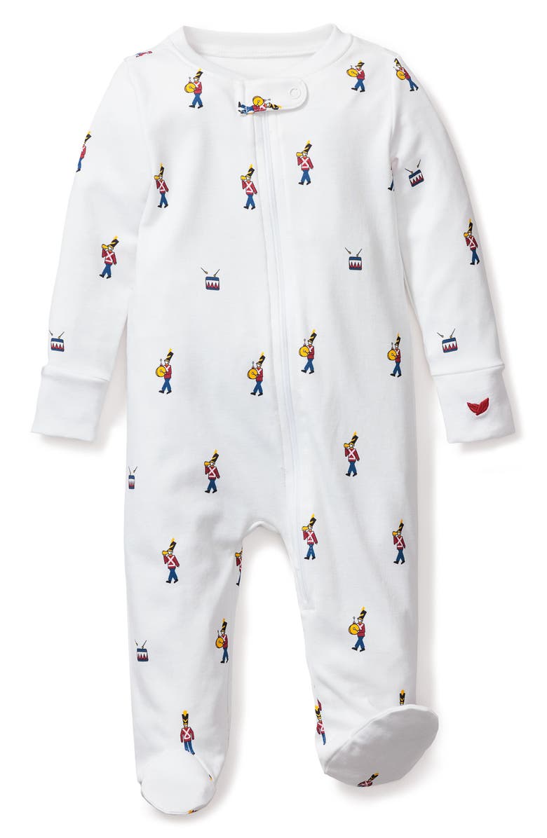 Petite Plume Toy Soldier Fitted Pima Cotton Romper, Main, color, White