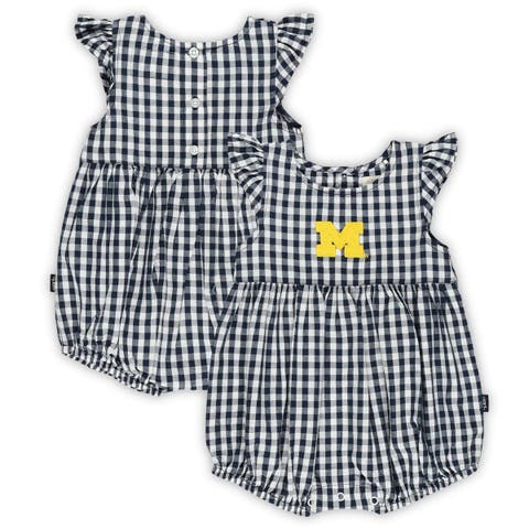 Girl's Infant Garb White Michigan Wolverines Cara Gingham Ruffled Bodysuit