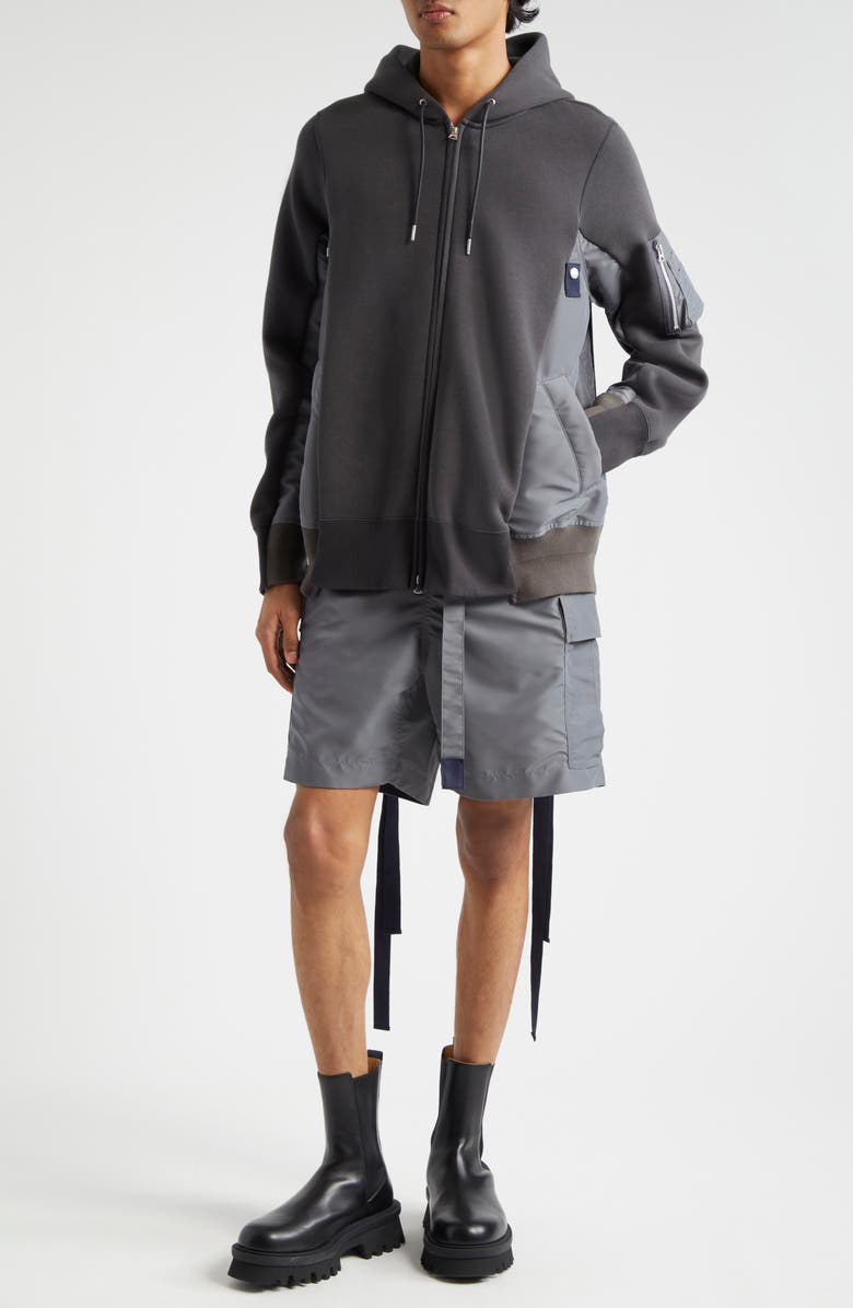 Sacai Sponge Sweat Mixed Media Zip Hoodie, Alternate, color, C/ Grayc/ Gray 339