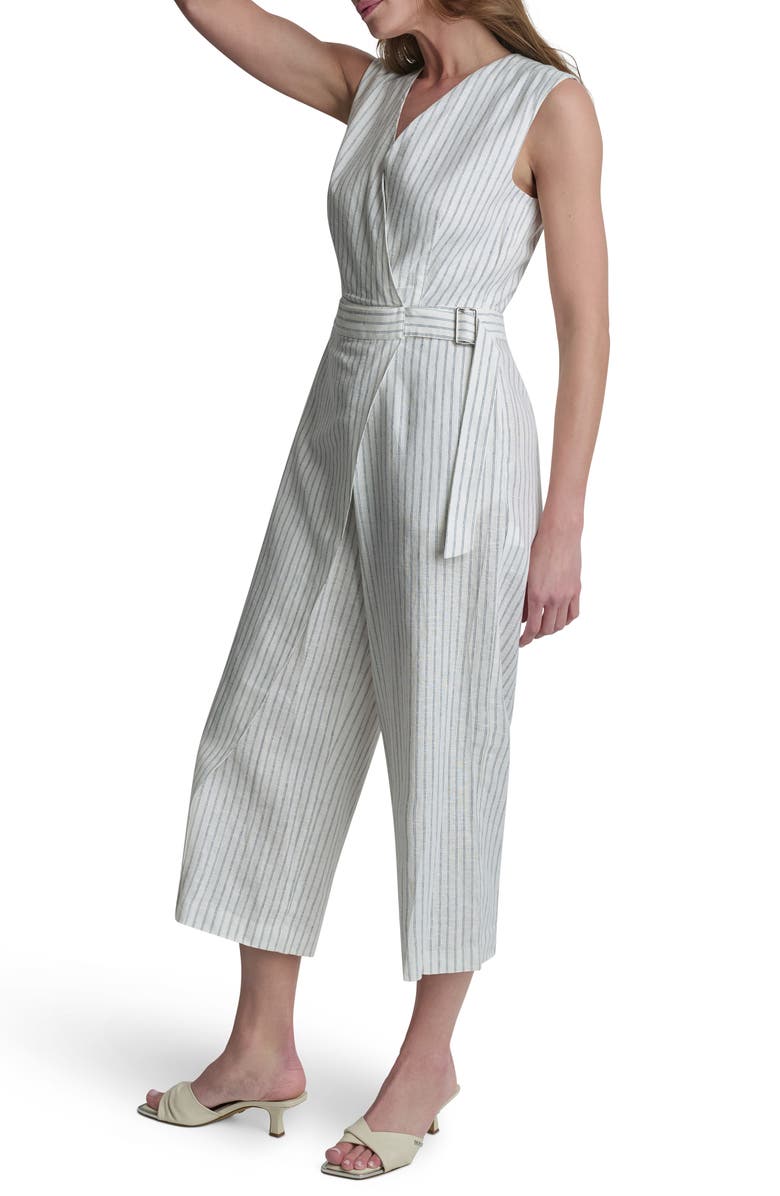 DKNY Stripe Linen Blend Crop Jumpsuit, Alternate, color, Ivory/Admiral