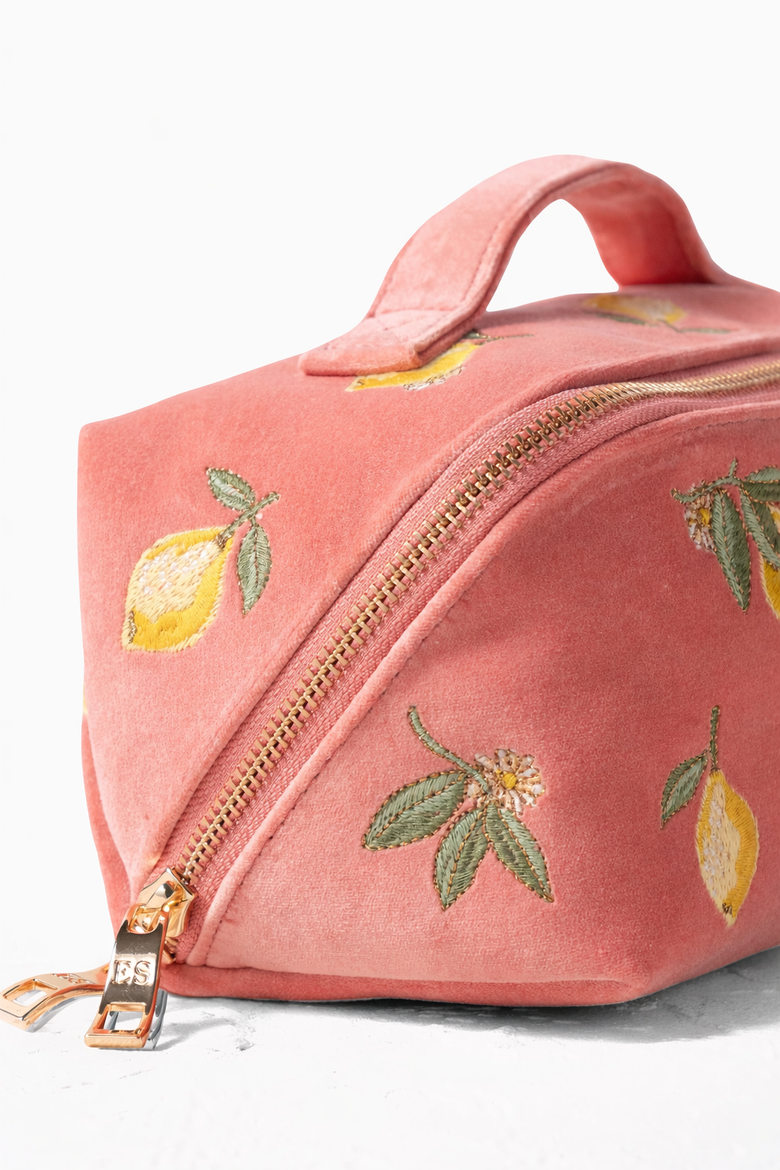 Lemon Blossom Open Flat Velvet Makeup Bag, Alternate, color, Coral