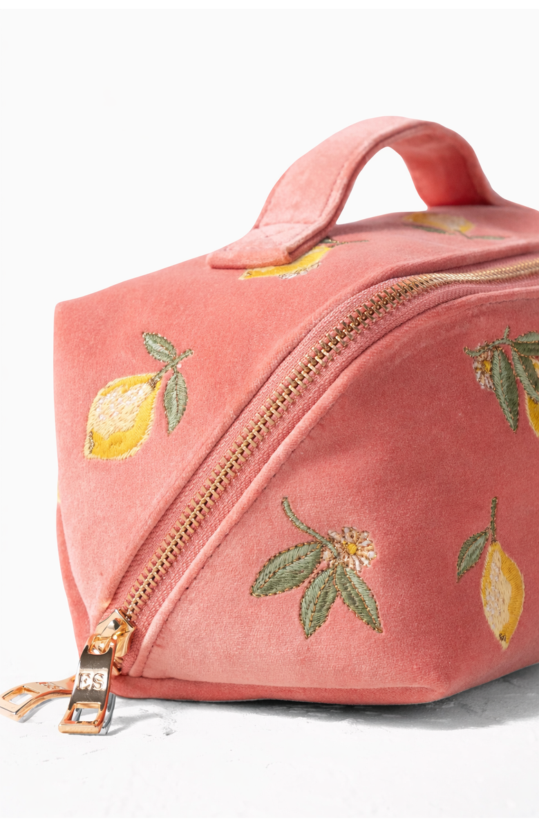 Elizabeth Scarlett Lemon Blossom Open Flat Velvet Makeup Bag, Alternate, color, Coral