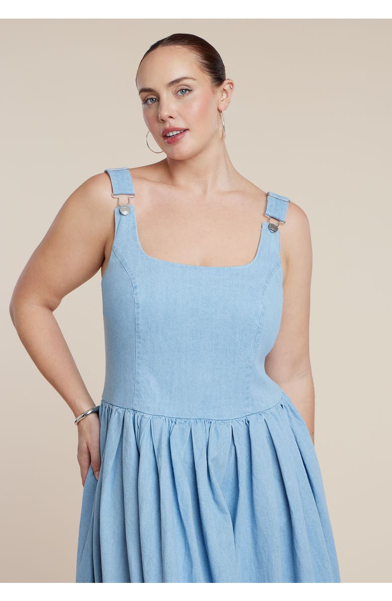 ELOQUII Drop-Waist Chambray Maxi Dress, Alternate, color, Light Wash