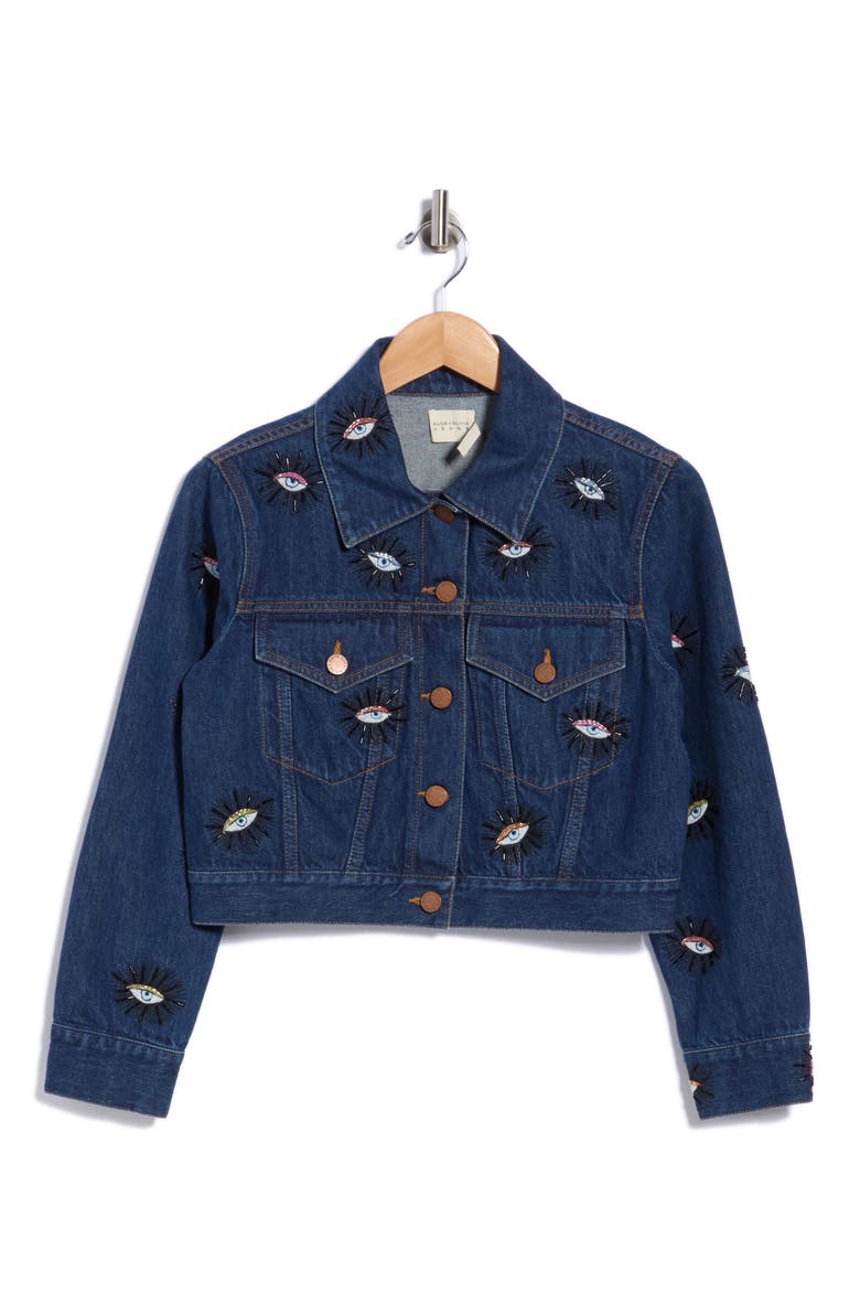 Chloe Evil Eye Embellished Crop Denim Jacket, Main, color, CATHERINE DARK