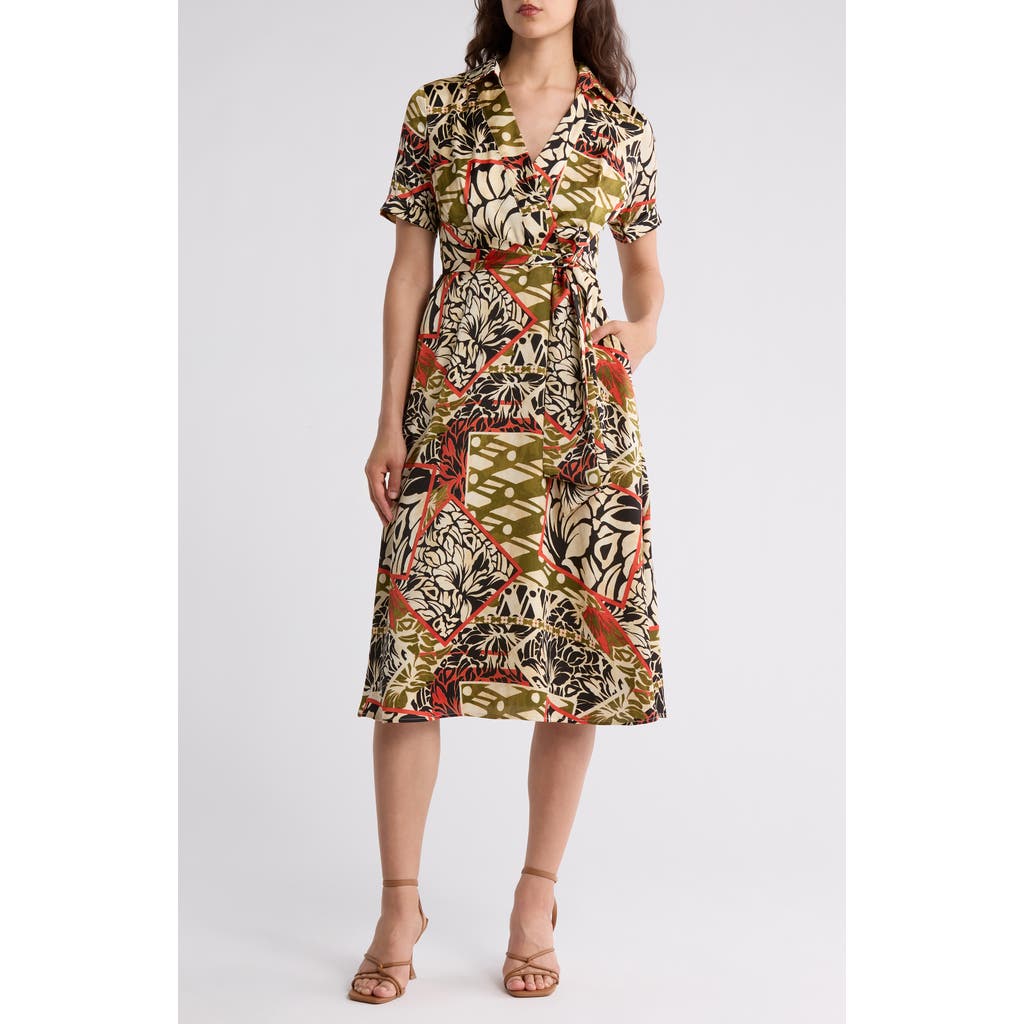Tahari Asl Short Sleeve Tie Waist Shirtdress In Black Natural