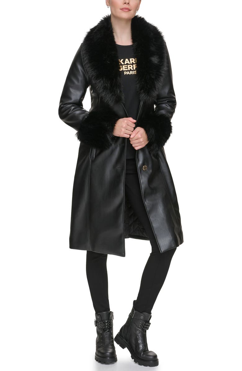KARL LAGERFELD PARIS Faux Leather & Faux Fur Trench Coat, Alternate, color, 