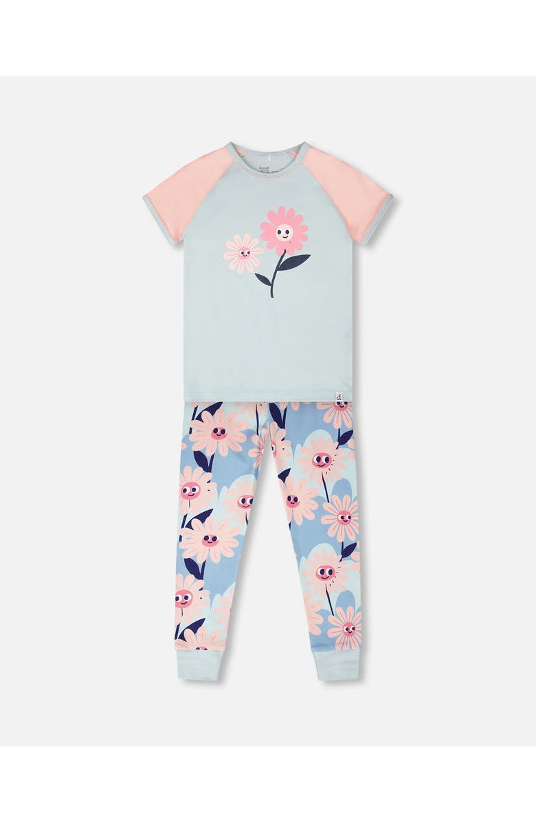Deux par Deux Organic Cotton Smiling Flower Print Two-Piece Pyjama Set, Main, color, Blue Smiling Flower Print
