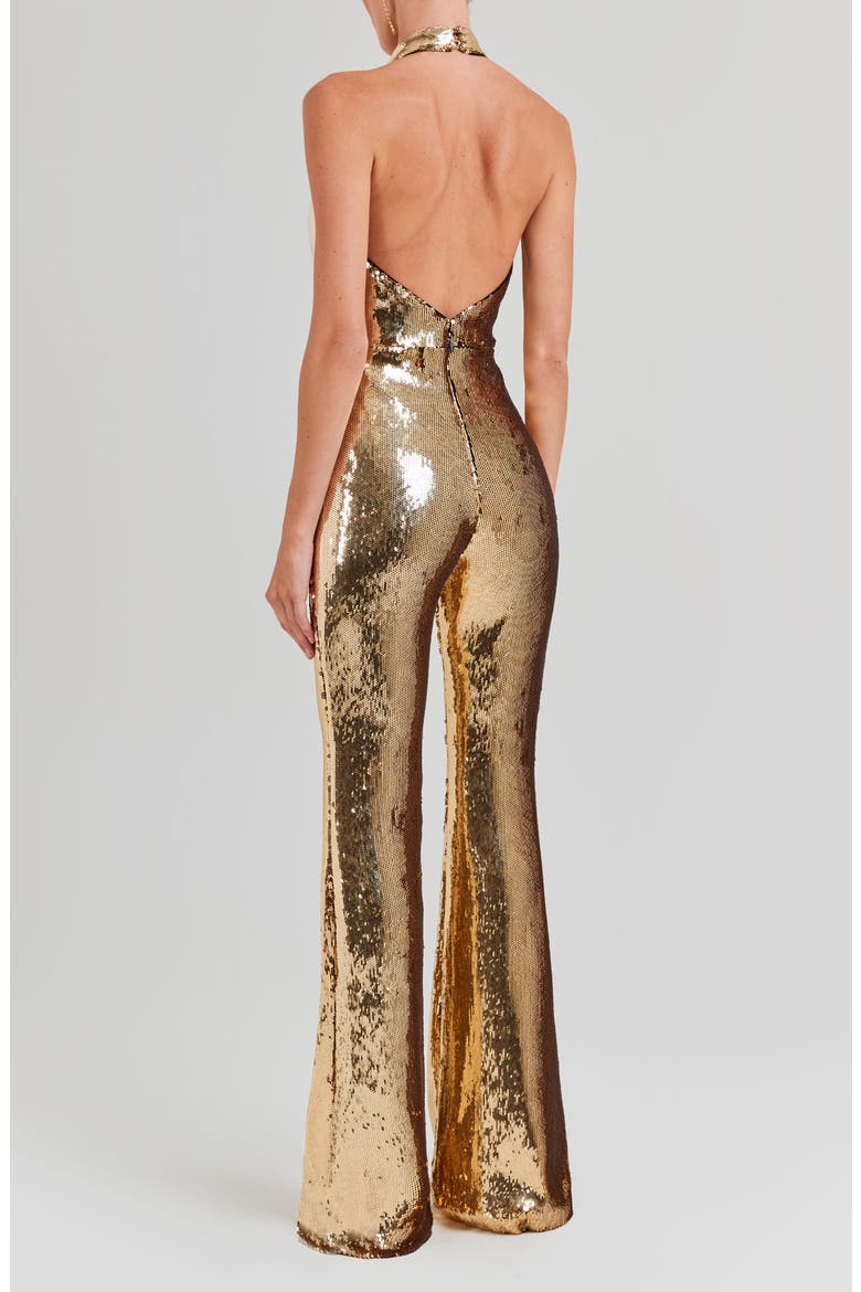 Tianna Sequin Halter Flare Jumpsuit, Alternate, color, GOLD