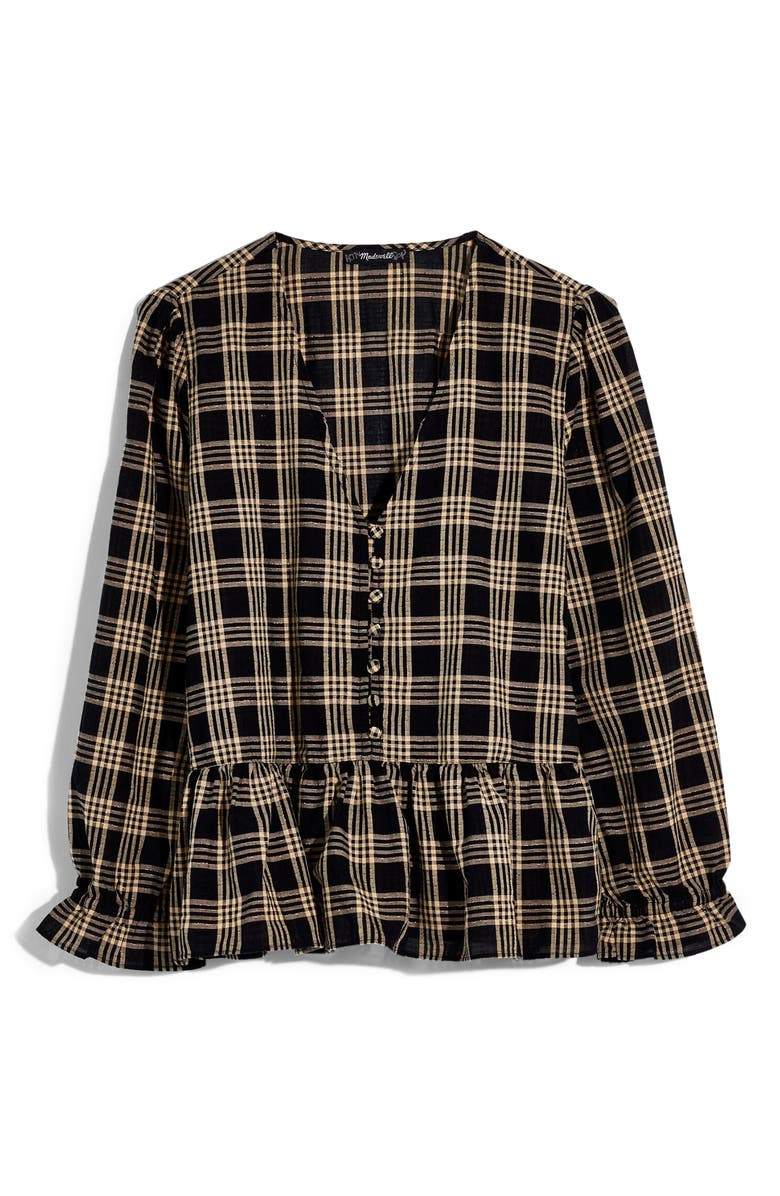 Madewell Courtyard Metallic Plaid Ruffle Hem Top, Alternate, color, 