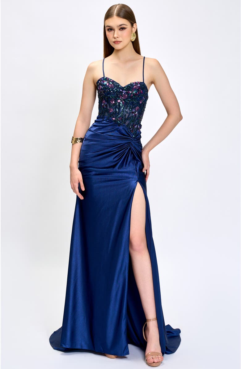Bariano Nahdia Beaded Sequin Gown, Main, color, Navy