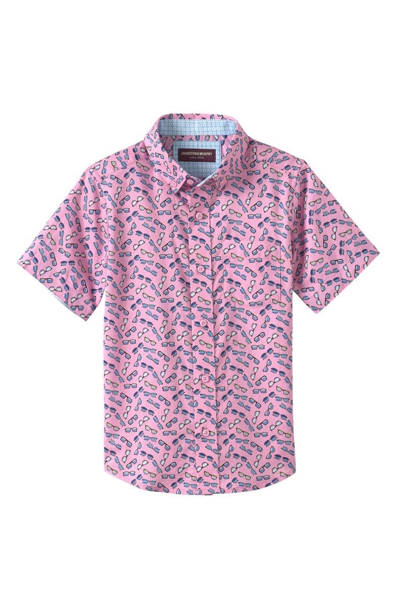 Johnston & Murphy Kids' Sunglasses Print Short Sleeve Button-Up Shirt, Main, color, Pink