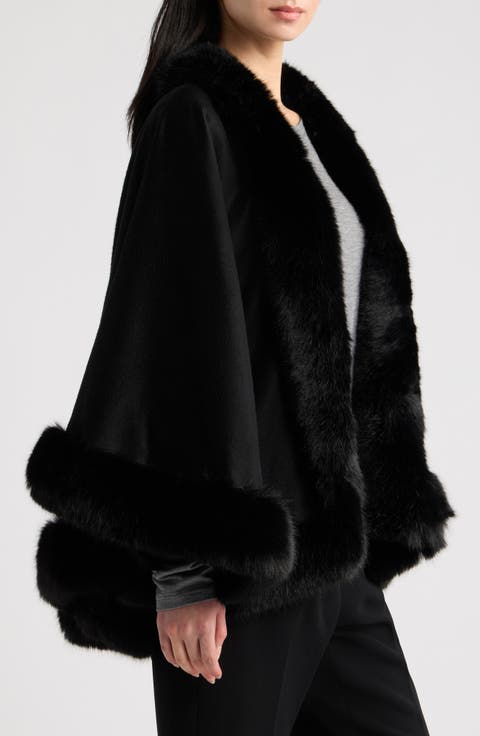 Cashmere Cape with Faux Fur Trim