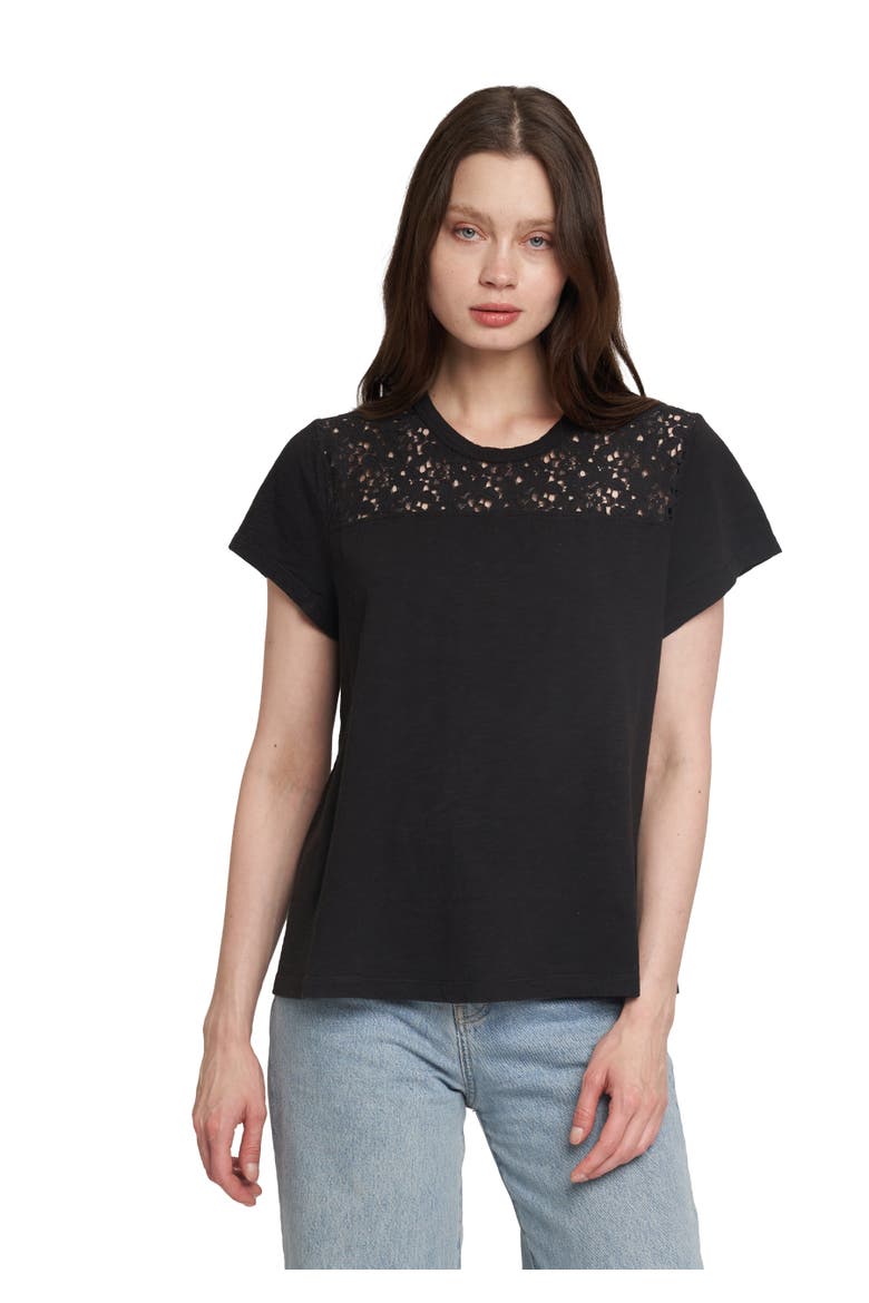 Easy Short Sleeve Crew Lace Yoke, Main, color, Black