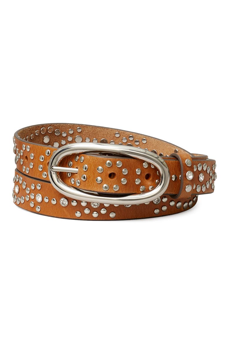 Pierced Studded Leather Buckle Belt, Main, color, BURNT UMBER