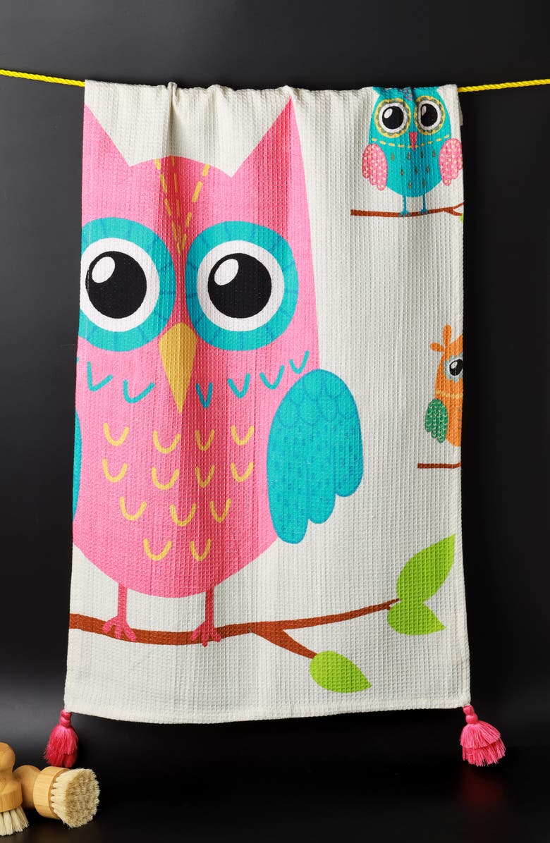 Tiramisu Owl Always Be There Set of 3 Kitchen Towels, Alternate, color, Hot Pink/ Blue/ Orange