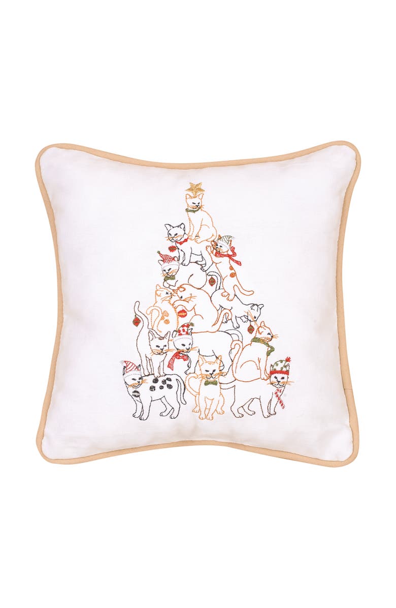 C&F Home Cat Christmas Tree Embroidered Cotton Blend Mini Accent Pillow 10" x 10", Main, color, Brown