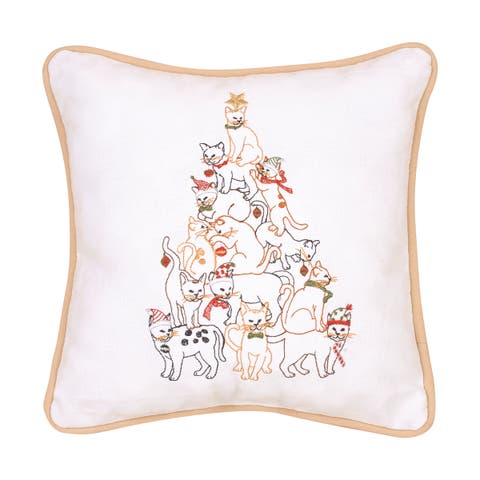 Cat Christmas Tree Embroidered Cotton Blend Mini Accent Pillow 10" x 10"