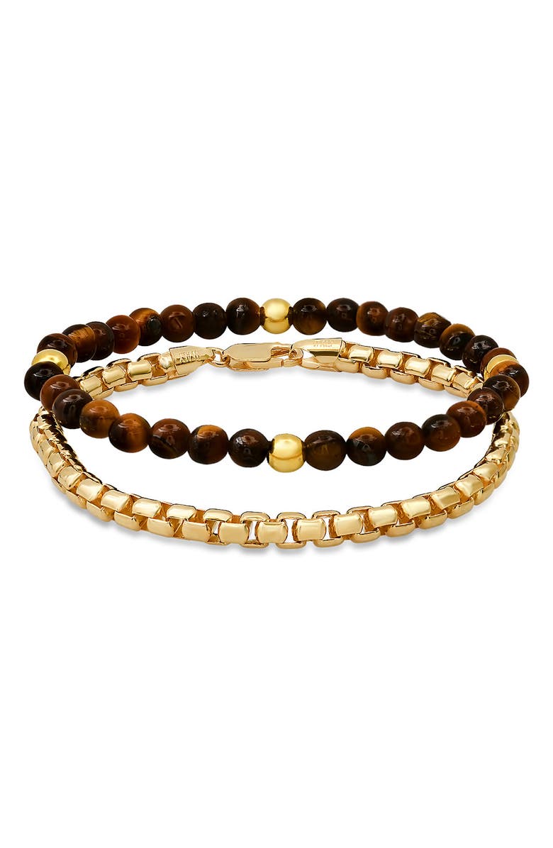 HMY JEWELRY Men's Set of 2 Box Chain & Tiger's Eye Beaded Bracelets, Main, color, Gold/ Brown/ Black