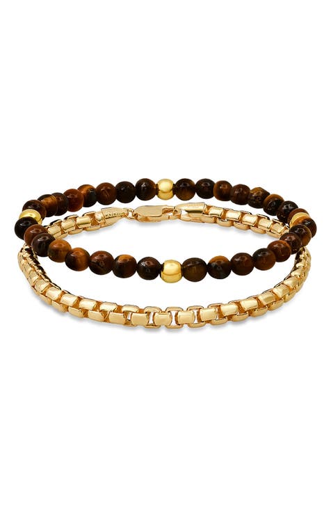 Men's Set of 2 Box Chain & Tiger's Eye Beaded Bracelets